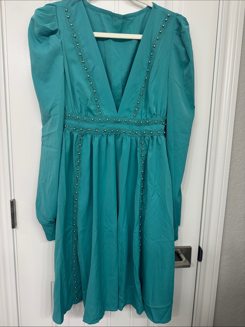 Amazon Teal V-Neck Long-Sleeve Embellished Dress